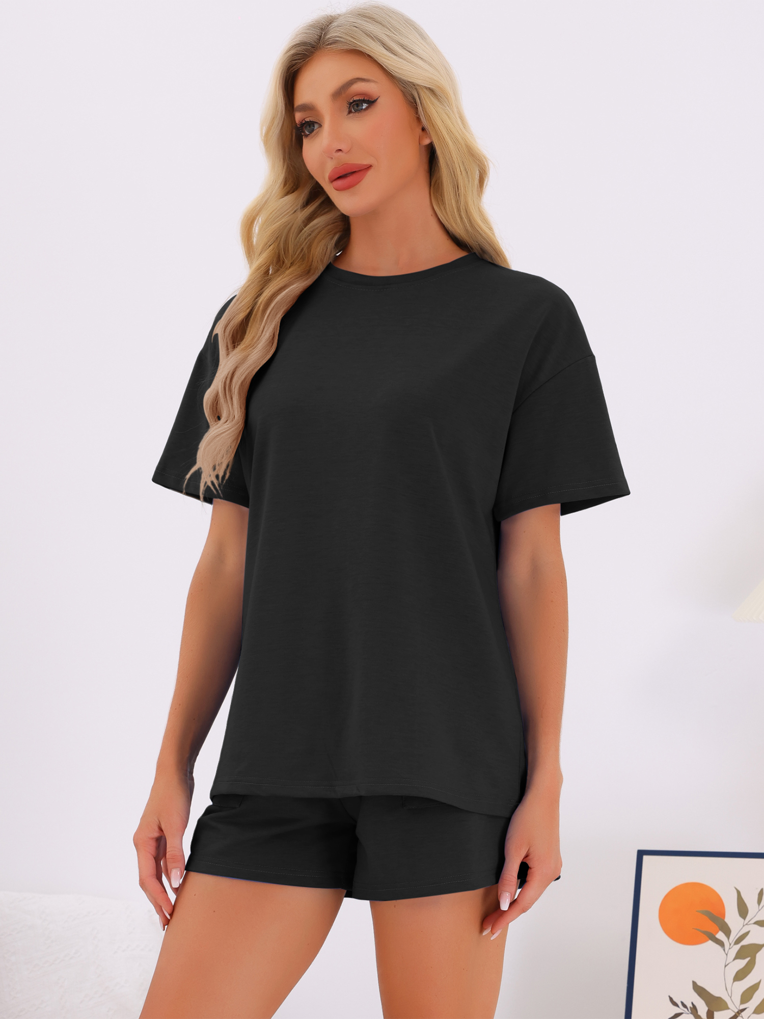 DARING DIVA Pajama Short Sleeve Lounge Set Elastic Shorts Sleepwear S Black