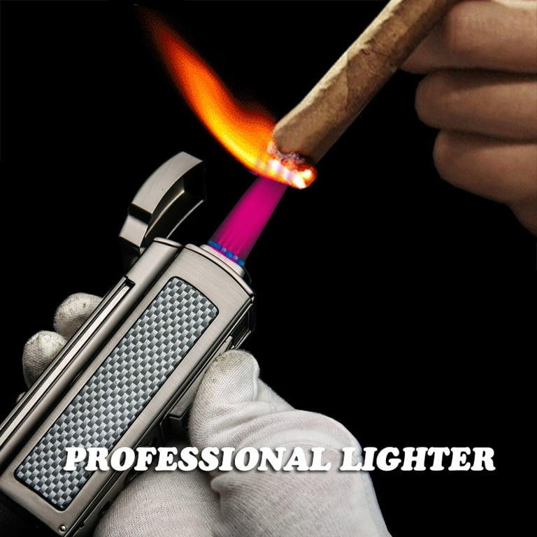 table cigarette lighter PROMISE Torch Table Lighter Large Size Quad Flame Jet Torch Cigar Lighter  Cigar Scissor Cigar Cutter Punch (Black Nickel)