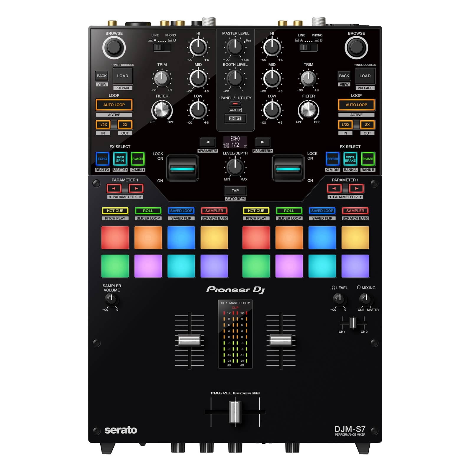 Pioneer DJ DJM-S7 Scratch Style 2 Channel Performance Mixer with Black Over-Ear DJ Headphones Package