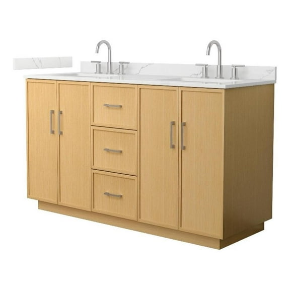 Elan TK 60" Light Oak Double Vanity Giotto Quartz Top (3-Hole) & Nickel Trim