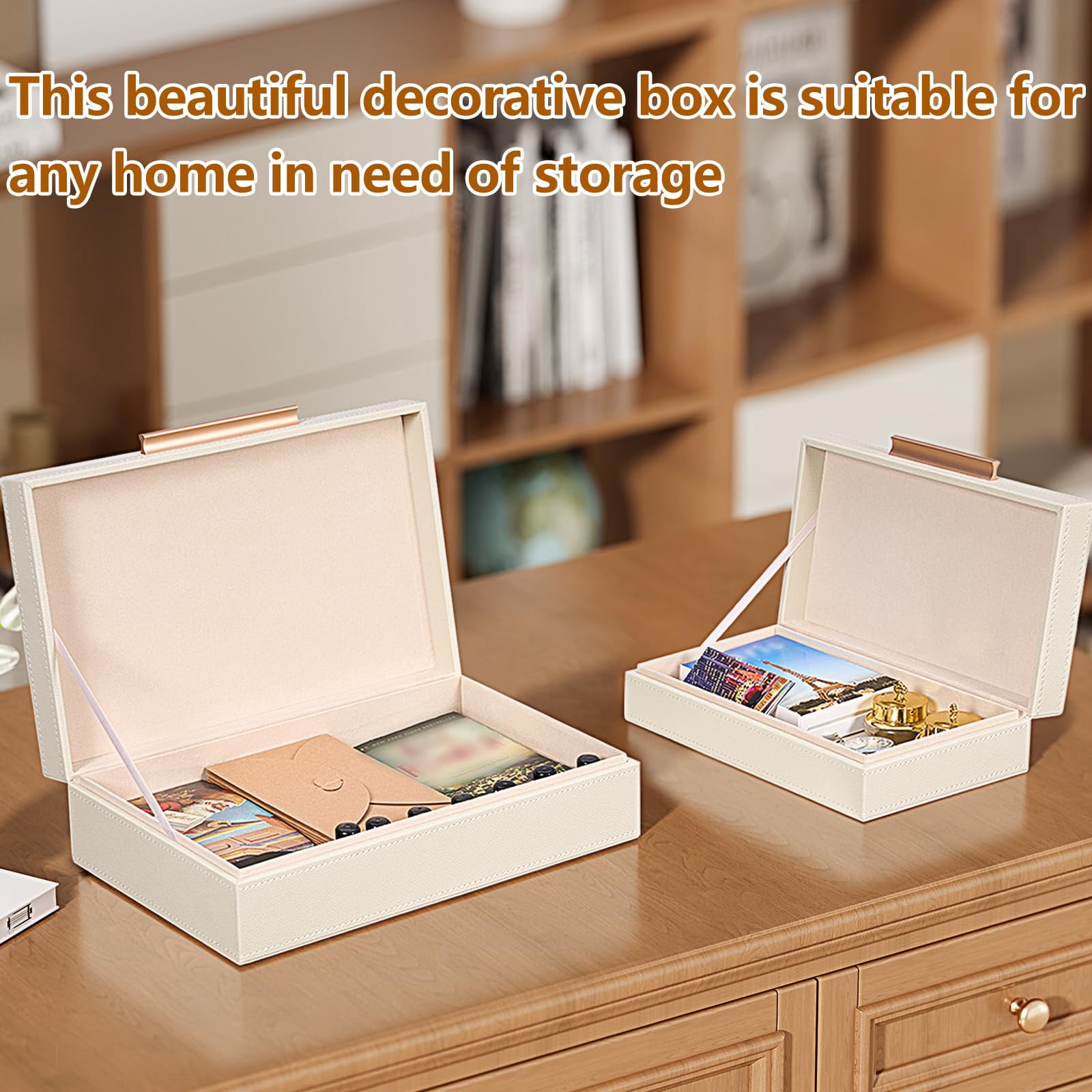 Decorative Boxes With Lids 2-set  Memory Box For Keepsakes Saving Space Beautiful Pu Leather Keepsake Storage Metal Handles Store Photos Documents White