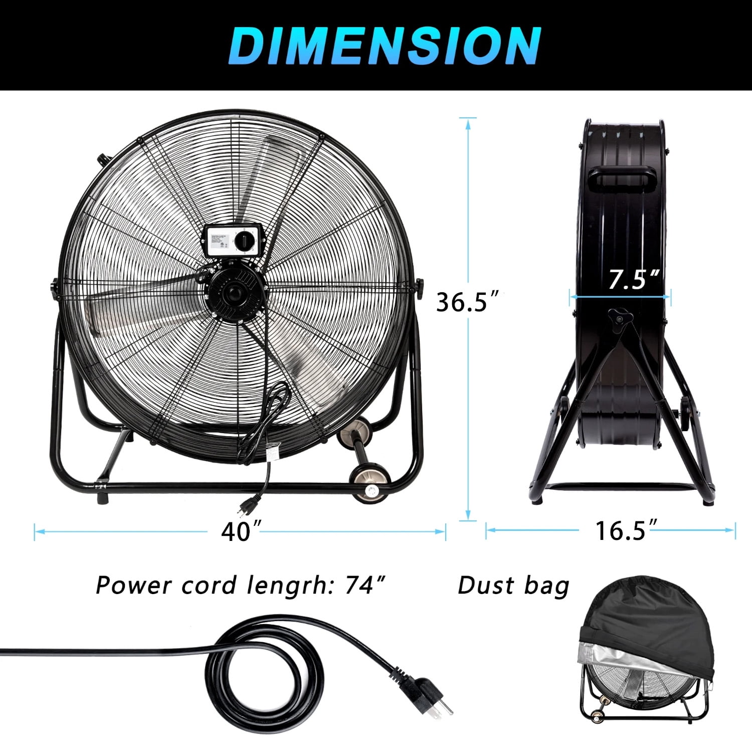 Industrial Fan 36 Inch Heavy Duty Drum 3 Speed 20000 CFM Air Circulation High Velocity Fan For Warehouse, Workshop, Factory, Commercial, Residential and Greenhouse Black
