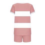 SwiftWear Women's Summer Striped Round Neck Short Sleeve Shorts Pajamas Set - Soft Breathable Loungewear with Pockets & Drawstring,Casual Sleepwear