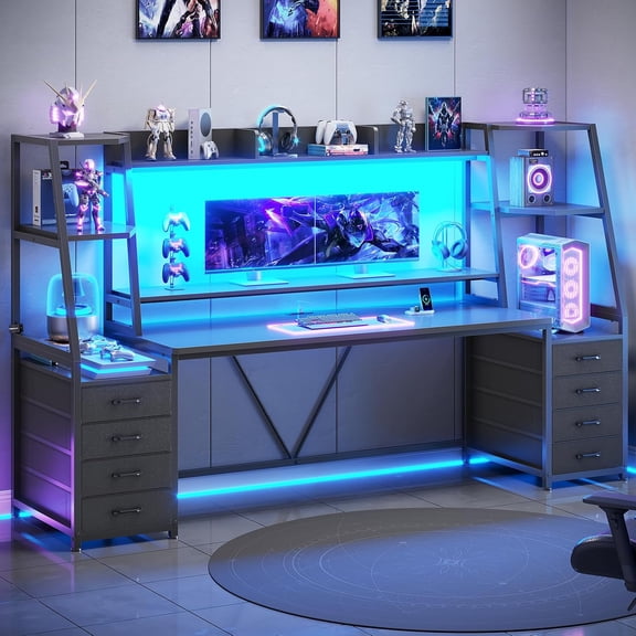 SEDETA Black Gaming Desk with LED Lights & 8 Drawers, Large Computer Desk with Monitor Stand, Hutch, PC Tower Shelf, Gamer Workstation Table for Home Office Bedroom