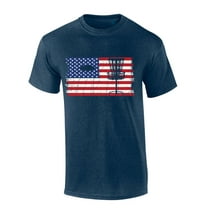 Mens Disc Golf Tshirt Disc Golf Distressed American Flag  Short Sleeve T-shirt-Heather Navy-large