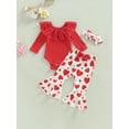 thumbnail image 2 of Aunavey 3Pcs My First Valentines Day Baby Girls Outfit Long Sleeve Romper Heart Bell Bottoms Headband, 2 of 7