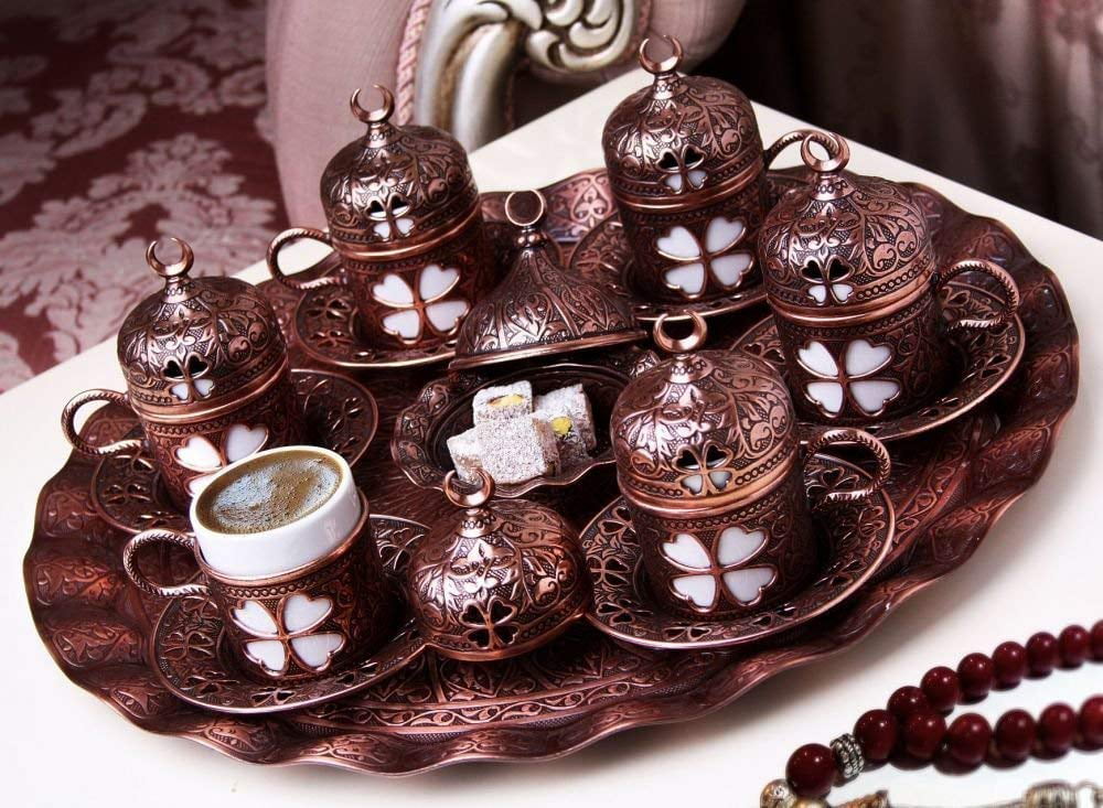 Two Cups and Candy Pot Set of Golden Color Ottoman Turkish Greek Arabic Coffee Espresso Serving Cup Saucer Set 