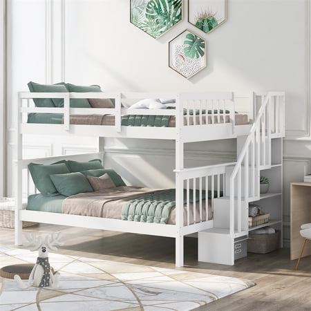 JINS&VICO Full Over Full Bunk Bed Solid Wood Stairway Bunk Bed with Storage and Guard Rail for Bedroom  Dorm  Can be Separate into 2 Single Beds  No Box Spring Needed  White