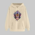thumbnail image 2 of VBTAPA Women's Mardi Gras Sweatshirt Novelty Mask Graphic Hoodies Tuesday Carnival Parade Party Pullover Tops with Kangaroo Pocket Beige L, 2 of 6