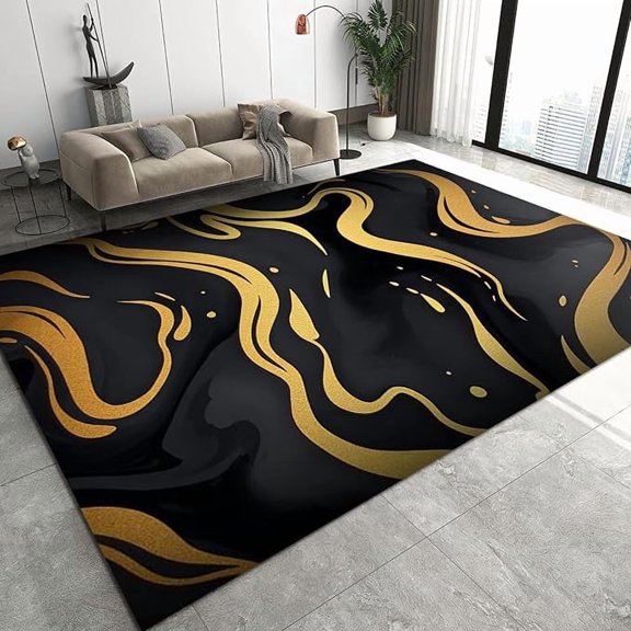 Golden Fluid Art Area Rug, Stylish Abstract Non Slip Bedroom Rug, Noise Reduction Machine Washable Carpet for Indoor Living Room Office Decor Mat 3 x 5ft