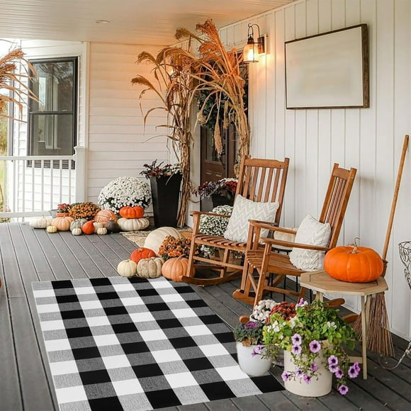 HOARBOEG Buffalo Plaid Area Rugs 15.7x23.6 Inches Black and White Checkered Rug Washable Front Door Mat Hand Woven Cotton Outdoor Rug Small Rug for Front Porch Kitchen Entryway Patio Bathroom, Black