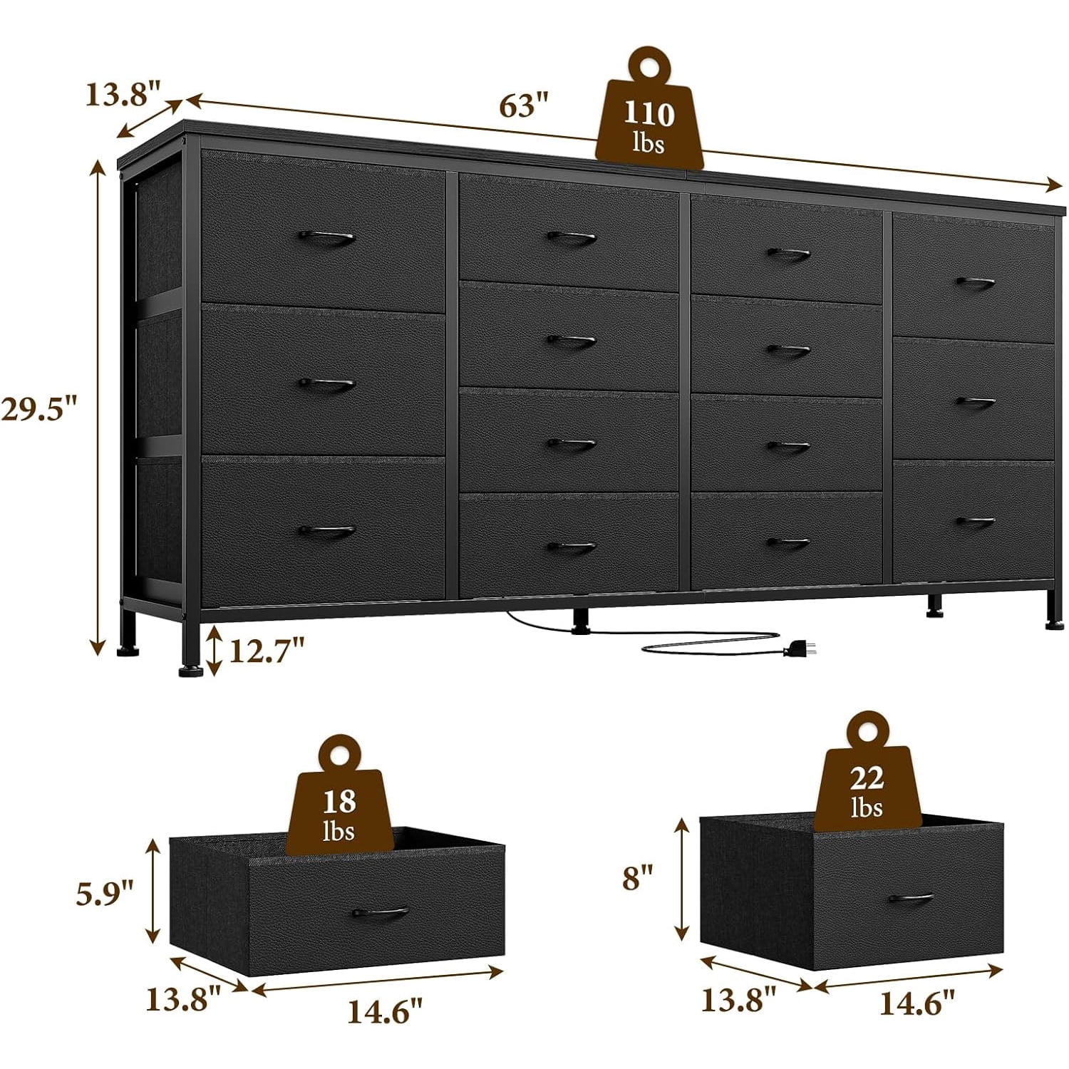 M optimized 63" Dresser for Bedroom, TV Stand for 65 70 75 inch TVs, 14 Drawer Dresser with Power Outlets, Large Long Fabric Dresser Entertainment Center