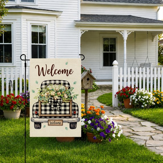 Rdsfhsp Welcome Vintage Truck Garden Flag 12x18 Inch, Linen Buffalo Plaid Truck Floral Yard Flag, Double Sided Outdoor Porch Lawn Farmhouse Decor