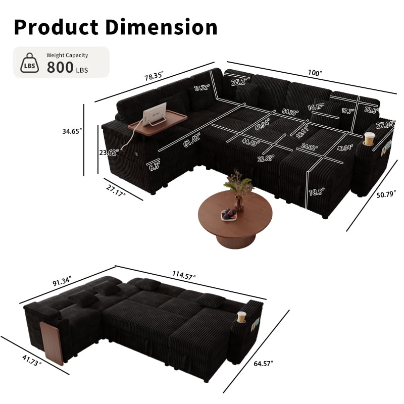 100"W L-Shaped Pull-Out Sofa Bed with USB Ports,Table Board,Cup Holder & Storage,7-Seat Corduroy Modular Sectional Sofa,Convertible Sleeper,Black