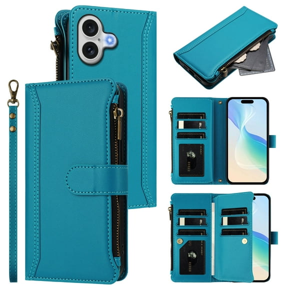 Wallet Case Compatible with iPhone 16, Multi-Function 2 in 1 Magnetic for iPhone 16 Case Wallet, Flip Zipper Card Holder Phone Case with Shoulder Strap Wrist Strap, Blue