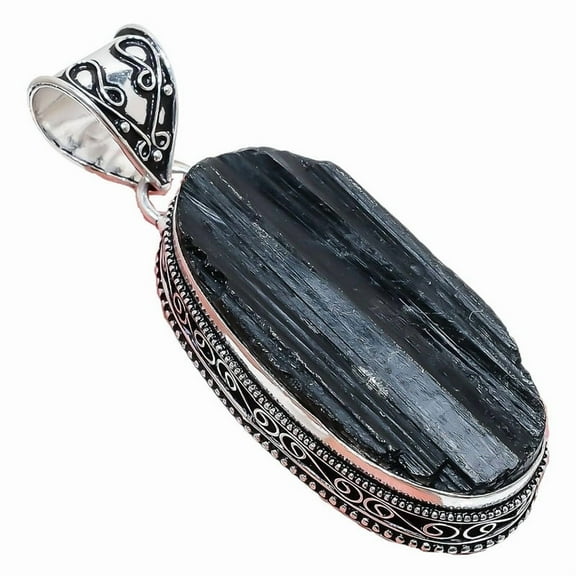Black Tourmaline Gemstone Handmade 925 Sterling Silver Jewelry Pendant 2.17" AH-881