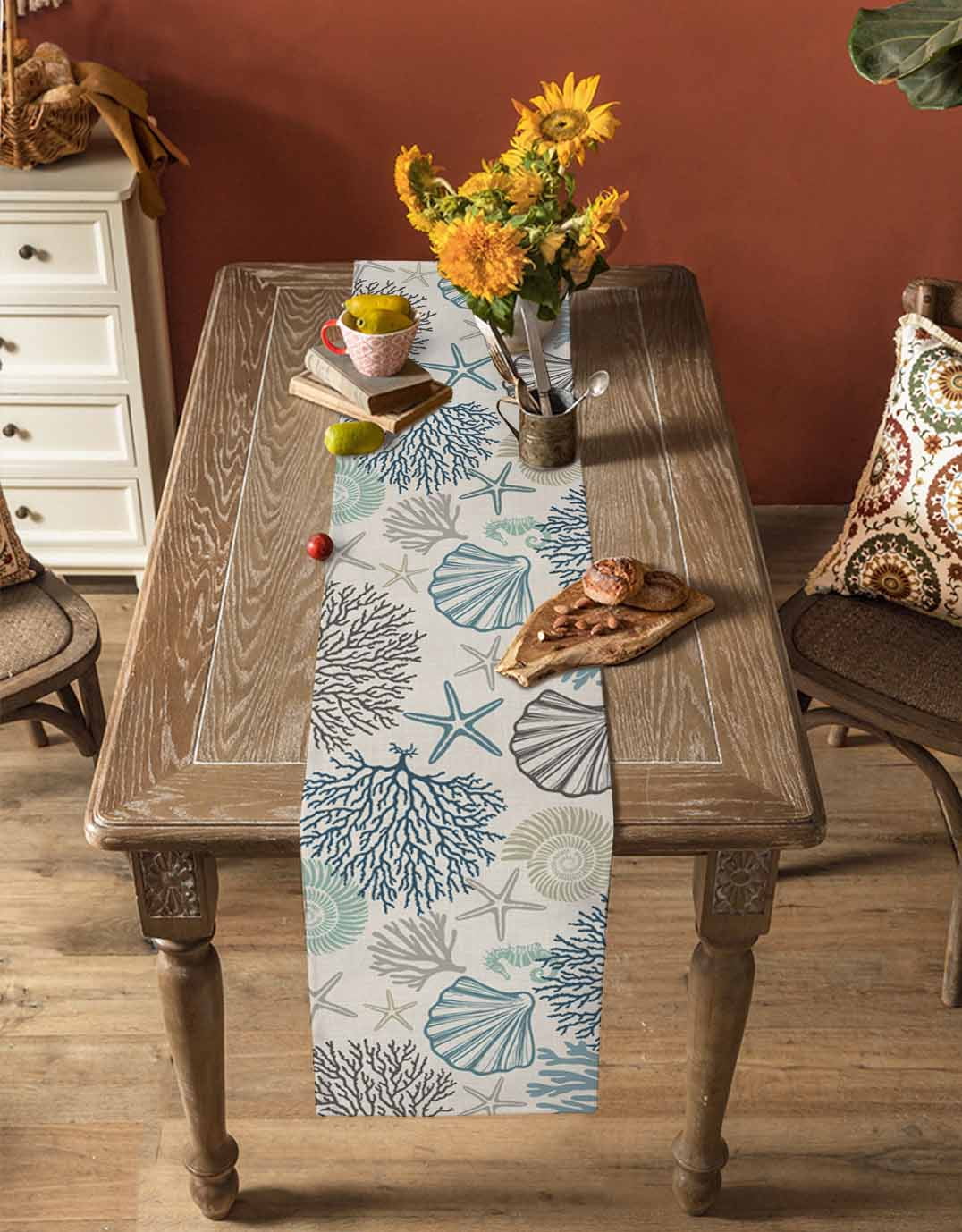 Ocean Coastal Table Runner 120 Inches, Retro Coral Starfish Shell Seahorse Bed Runner Dresser Scarves Tabletop for Indoor Outdoor Parties/Ceremony/Banquet, 13"x 120"