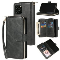 Dteck 9 Card Slots Wallet Case for Apple iPhone 12/iPhone 12 Pro 6.1-inch,Retro Magnetic Strap Card Pocket Leather Zipper Hybrid Rubber Shockproof Kickstand Phone Cover,Black