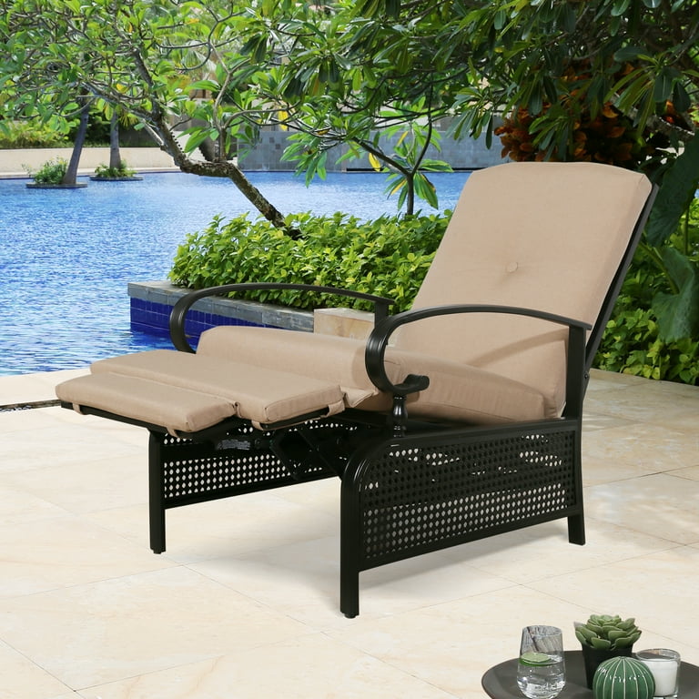 Ulax Furniture Patio Recliner Chair Adjustable Back Outdoor Lounge Recliner Chair with Olefin Cushion Beige