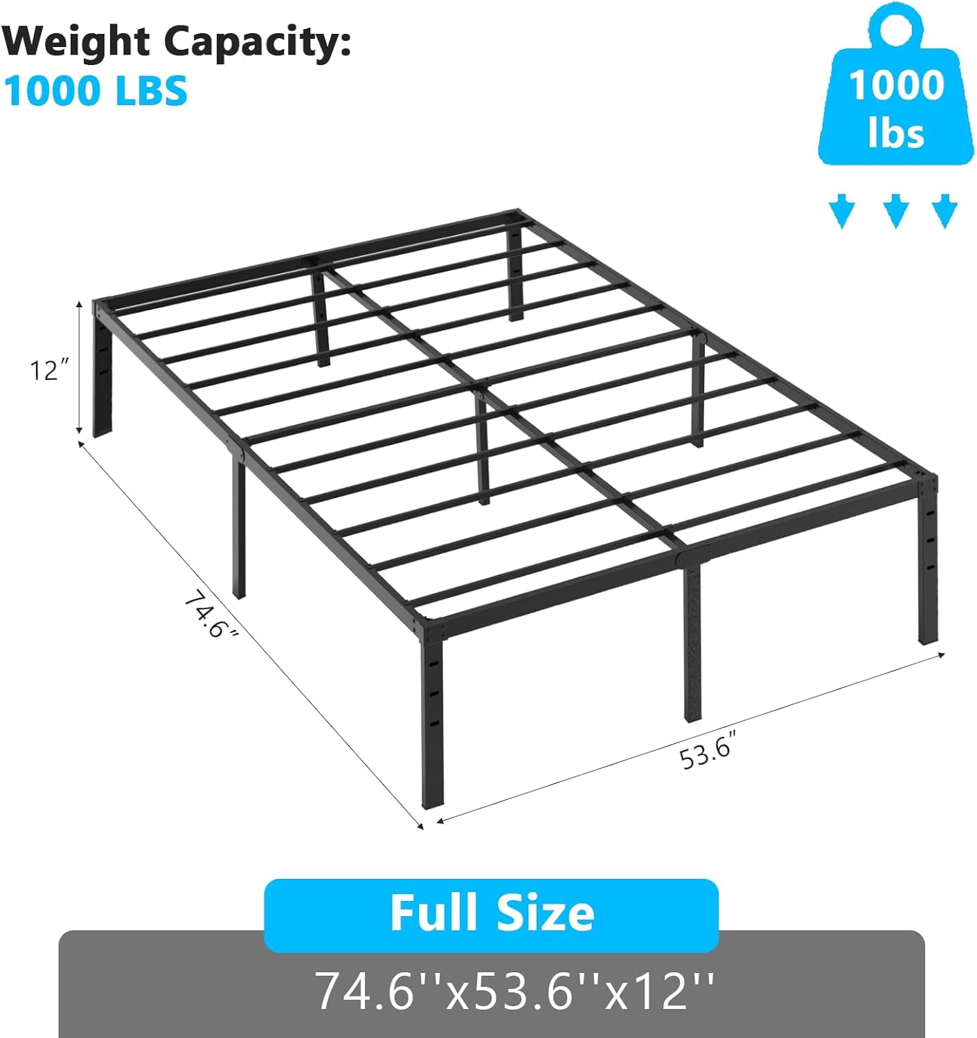 Matladin Full Size Bed Frame with 12'' High, Metal Platform, Mattress Foundation Bed Base, 1000lbs Capacity Steel Slat Support, No Box Spring Needed, Black