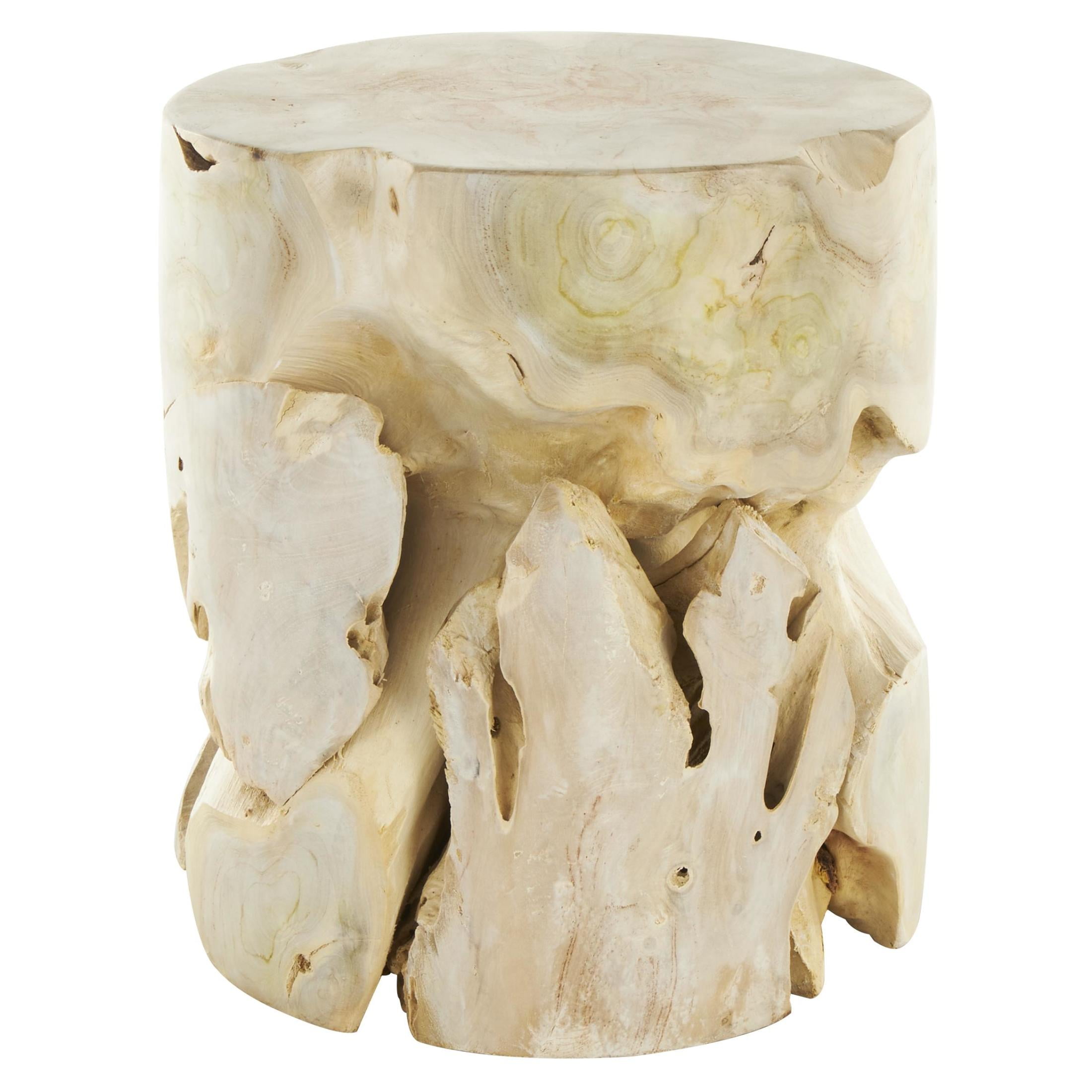 DecMode 15" x 18" Light Brown Teak Wood Handmade Live Edge Tree Stump Accent Table with Natural Cutouts, 1-Piece