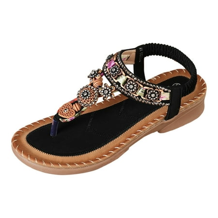 

aDJFDGT Womens Sandals 2024 Platform Bohemia 2024 New foreign Trade Large Size Flat Sandals Flower Rhinestone Sandals Open Toe Beach Sandals