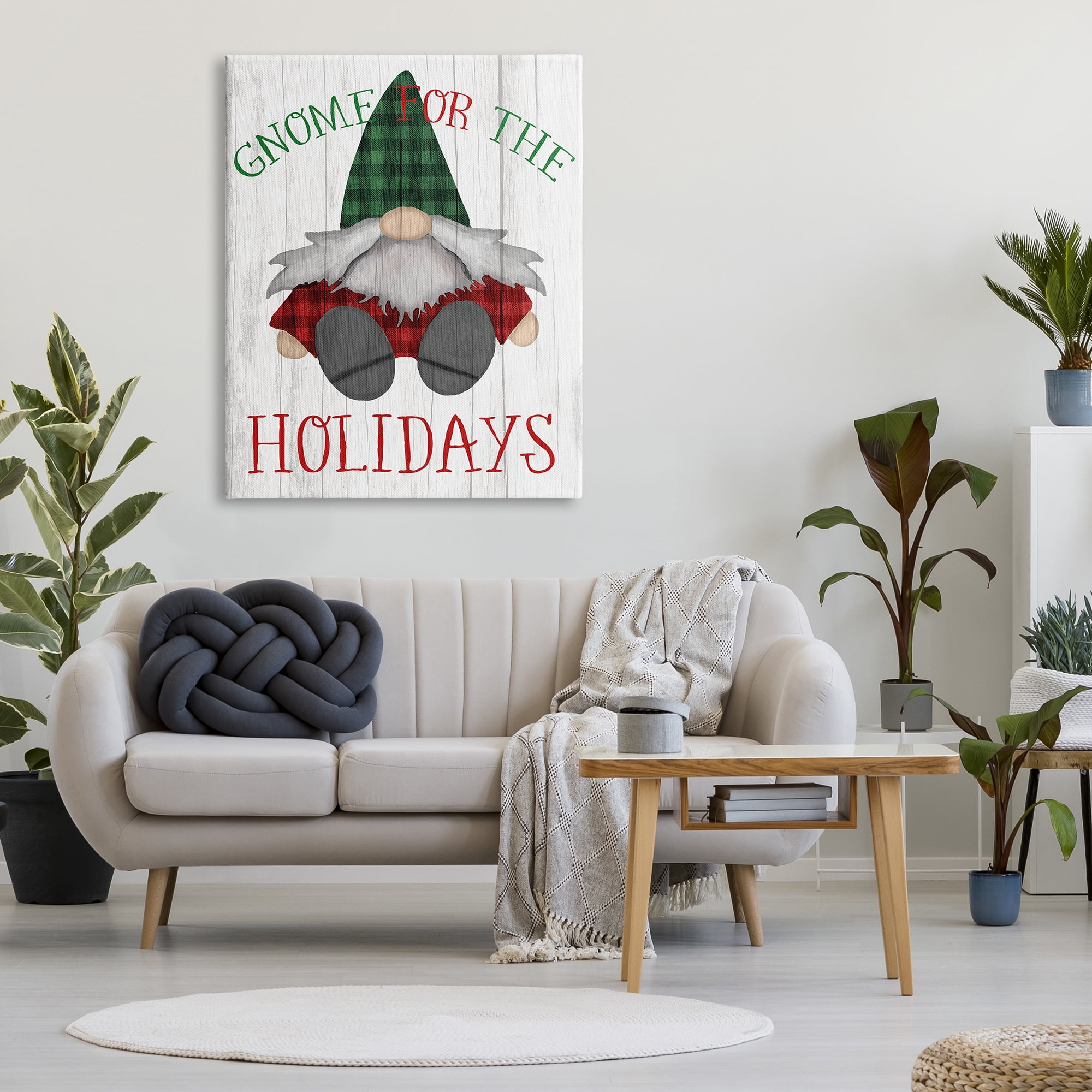 Design by Daphne Polselli Gnome for the Holidays Festive Garden Elf Plaid 36 in x 48 in Painting Canvas Art Print, by Stupell Home Décor