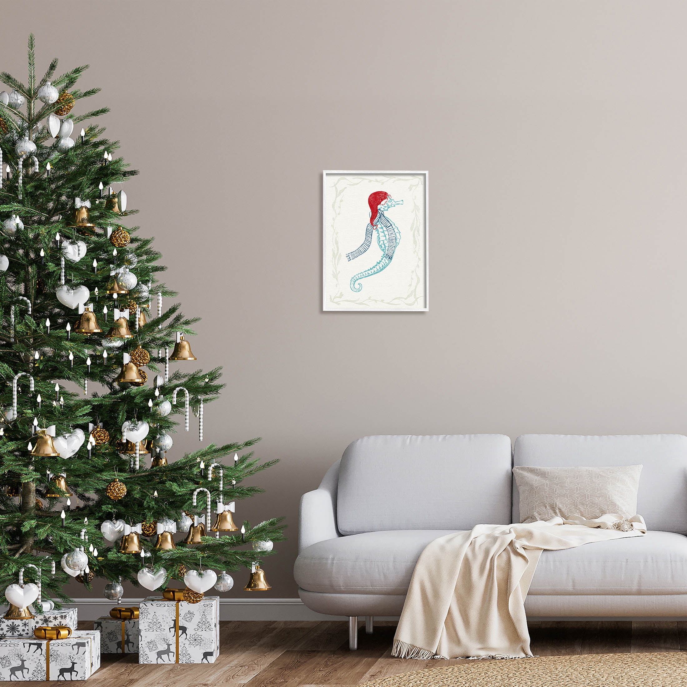 Coastal Christmas Seahorse Santa Holiday Graphic Art White Framed Art Print Wall Art