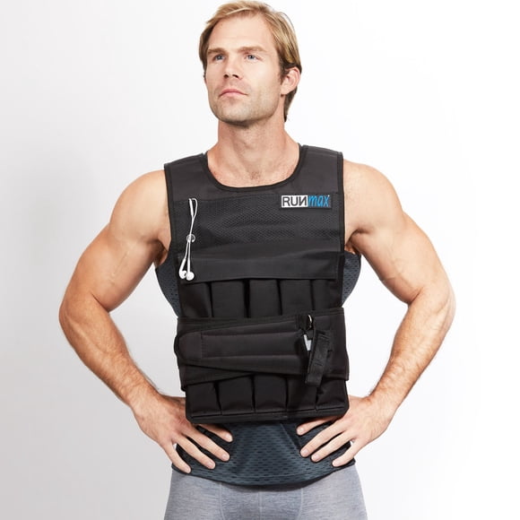 Chaleco pesado RunMax negro de 5,4 kg a 63,5 kg con bolsillo para teléfono