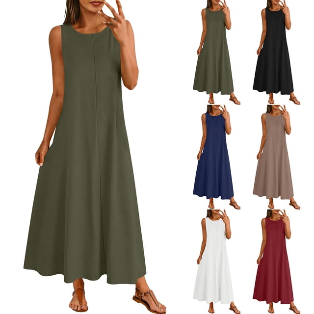 justHIGH Robe d'Été pour Femme Décontractée Sans Manches Plage Vacances Robe Soleil Coupe Ample Col Rond Maxi Robe Débardeur avec Poches Bordeaux,S