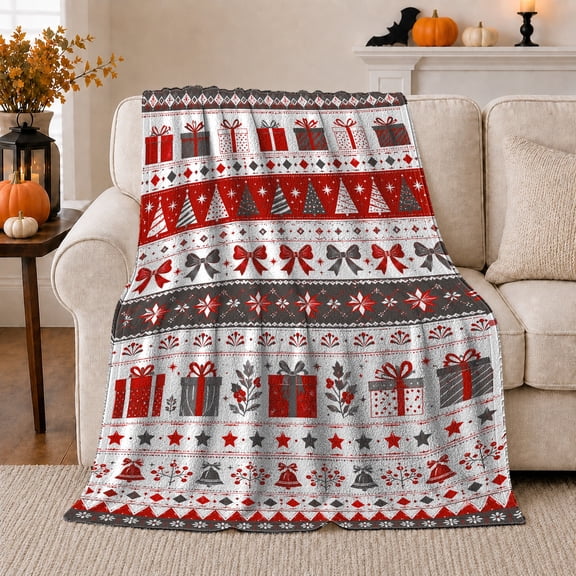 Christmas Motifs In Patterned Rows Print Cozy Flannel Blanket, Nordic Inspired Festive Graphics for Christmas Pattern Enthusiasts, a Christmas Gift for Living Room and Bedroom Home Decor