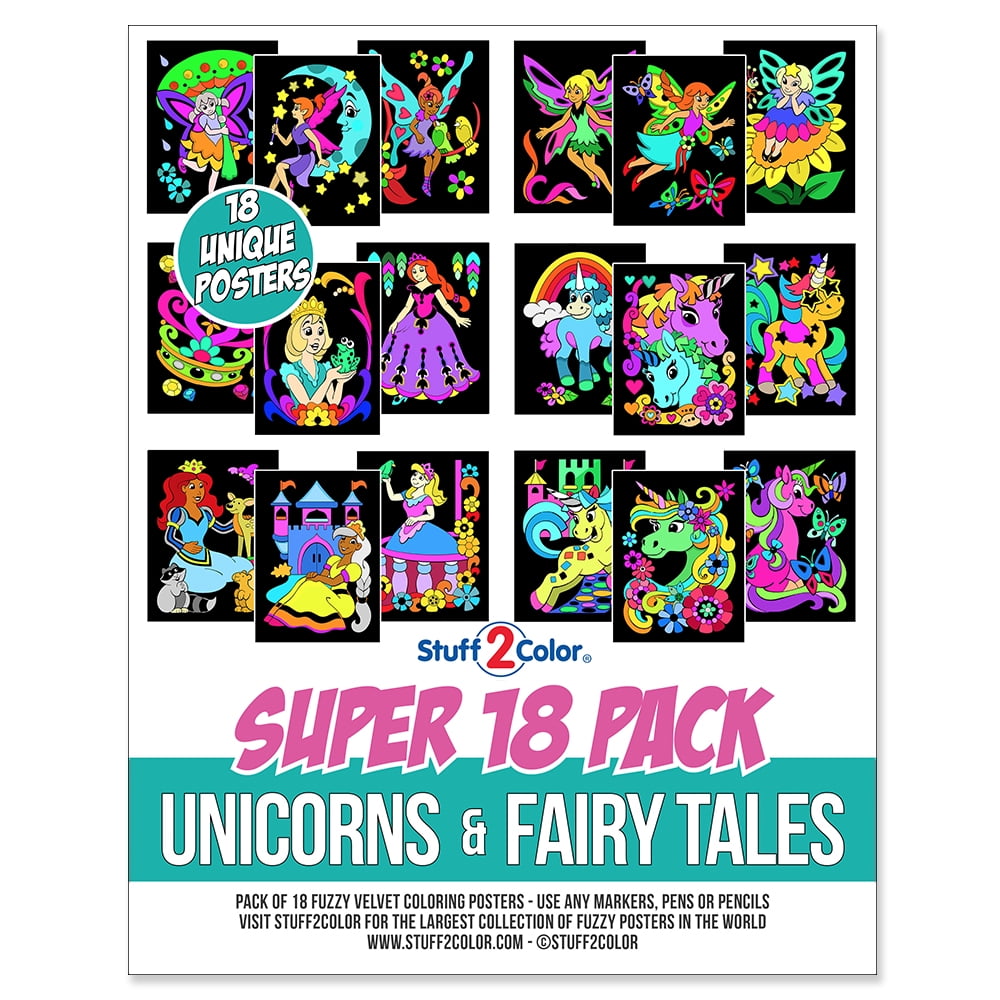 Super 18 Pack of Fuzzy Velvet Coloring Posters (Fairy Tales & Unicorns