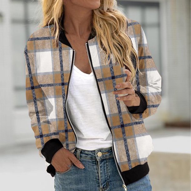 Ailaofu Womens Zip up Sweatshirt Jacket Stand Collar Hoodless Outerwear Casual Print Long Sleeve Bomber Coat with Pocket Fall