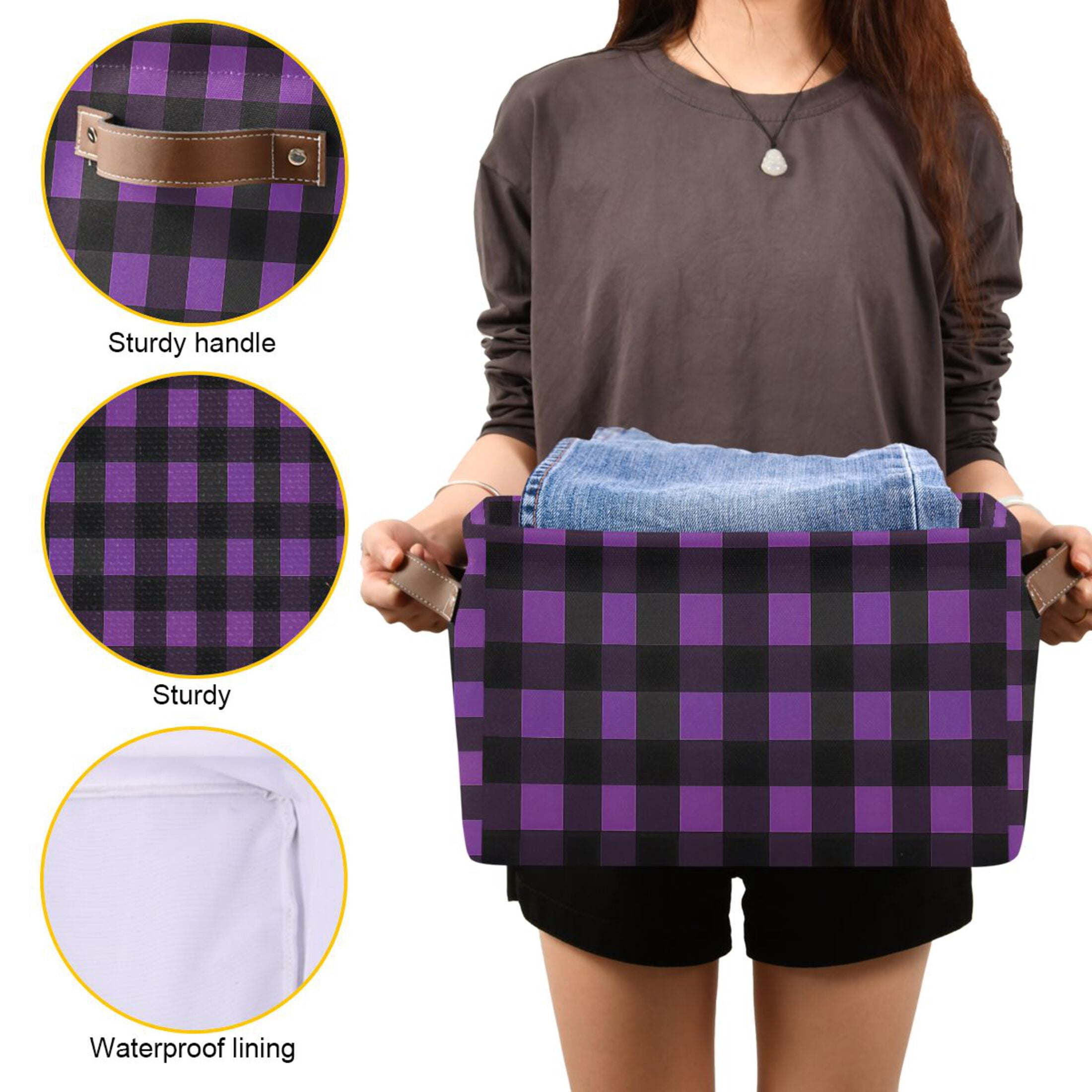 Ryvnso Purple Checkered Grid Pattern Storage Basket Large Bin Foldable Boxes Toys Organizer 14.2x10.2x8.3in 2 PCs