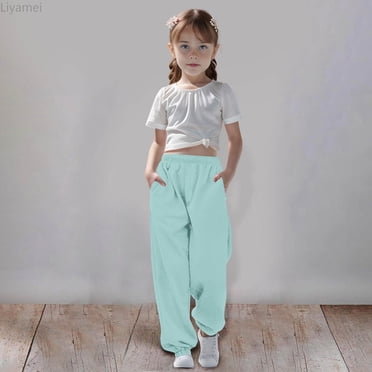 Liyamei Girls Sweatpants Kids Cotton Joggers Athletic Pants with Pockets for Girls Size Blue 3-4 Years