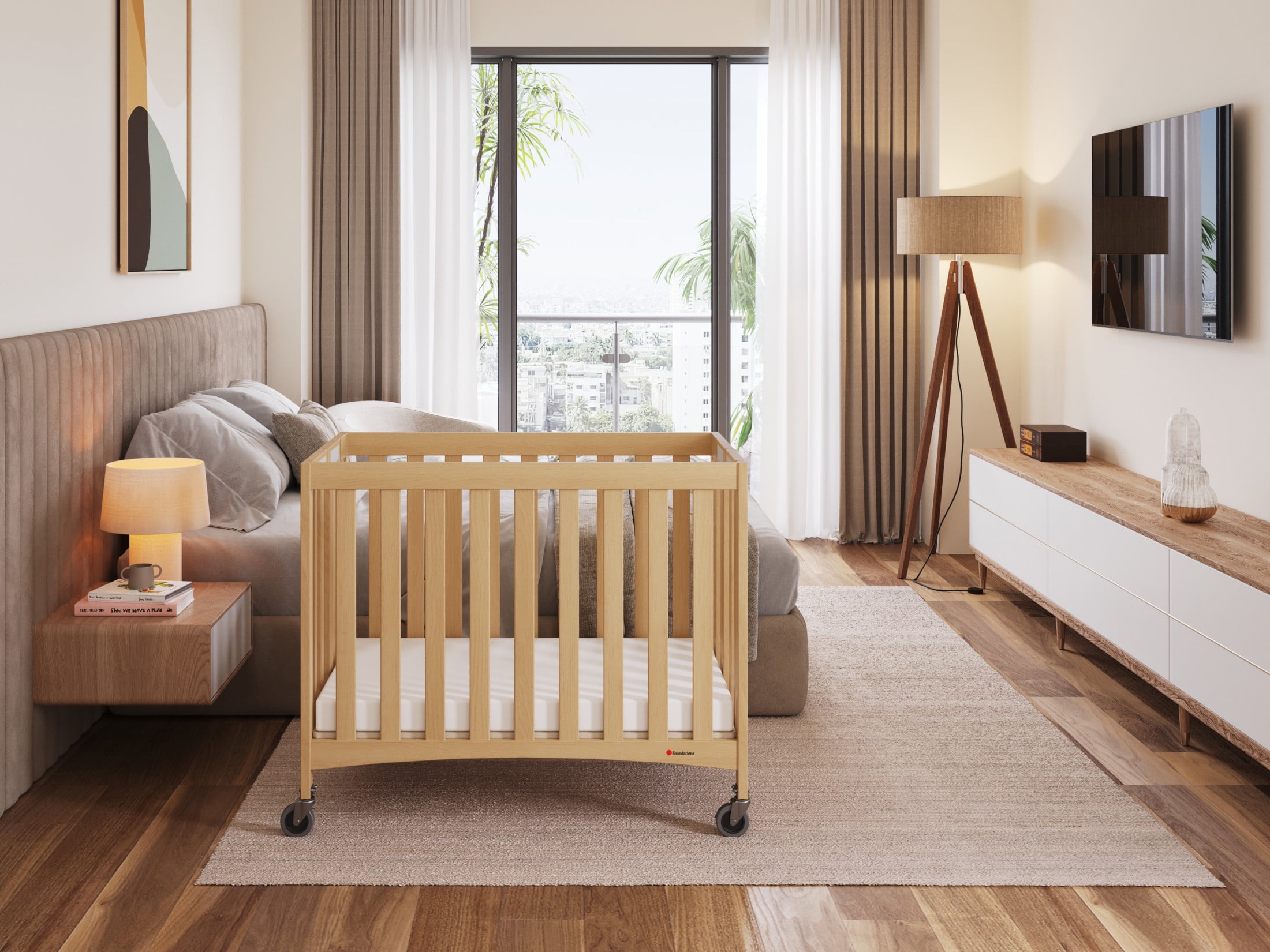 Foundations Travel Sleeper Compact Folding Hotel Crib with 2" Mattress and Locking Wheels, Natural