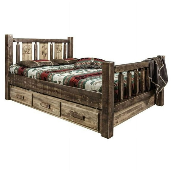 Homestead Collection Twin Storage Bed w/ Laser Engraved Bear Design, Stain & Clear Lacquer Finish
