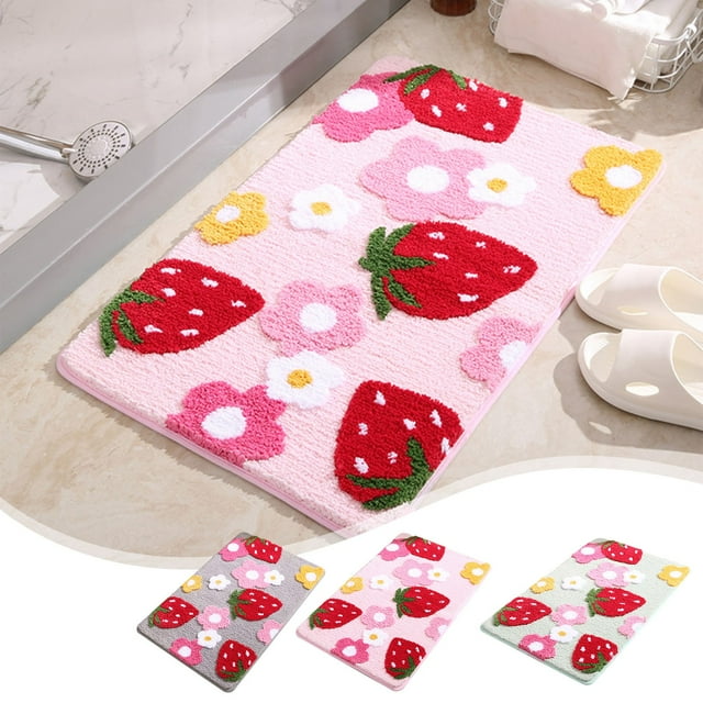 Alfombra de baño fresa - Tapete de microfibra absorbente 45x65cm - antideslizante, de secado rápido para baño, dormitorio, entrada - Verde Rosa Gris