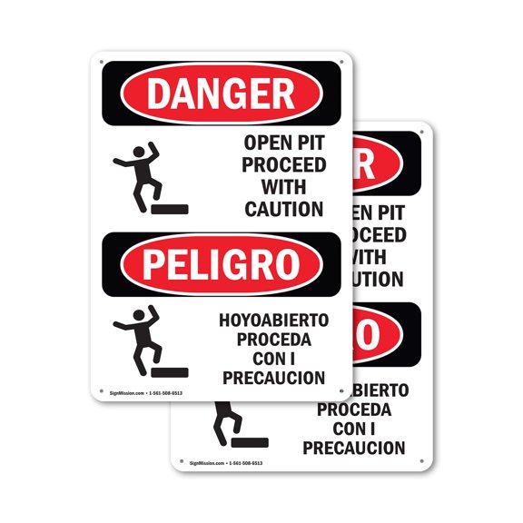 (2 Pack) Open Pit Proceed With Caution Bilingual OSHA Danger Sign 12 Inch X 18 Inch Indoor / Outdoor Rust-Free Aluminum Metal Signs for Workplace, Workshop, and Construction Site, Made