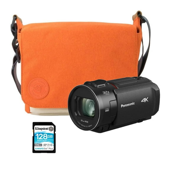 Panasonic VX3 Camcorder with 4K Image Quality, F1.8 Lens, and Ergonomic Design (Black) Bundle with DSLR Camera Bag (Amber) and 128GB SDXC Canvas Go Plus 170MBPS Read Memory Card (3 Items)
