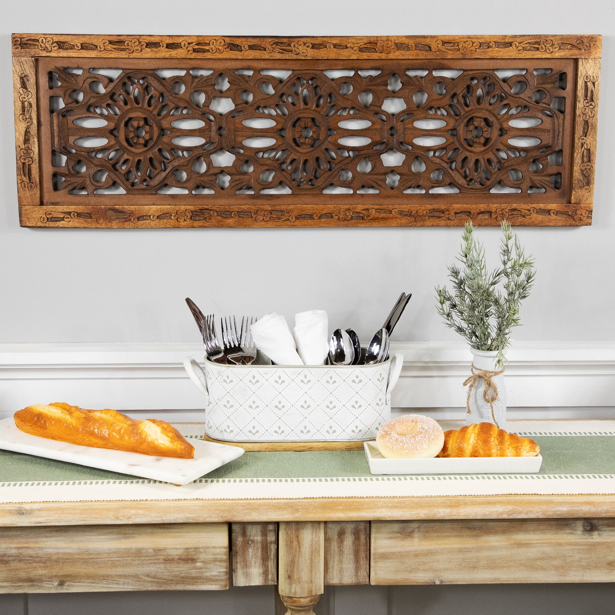 Northlight 11.25" White Oval Embossed Utensil Caddy with Side Handles and Wooden Base