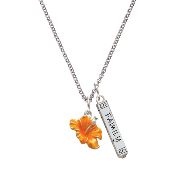 Delight Jewelry Silvertone Hot Orange Hibiscus Flower Silvertone Family Bar Charm Necklace, 23"