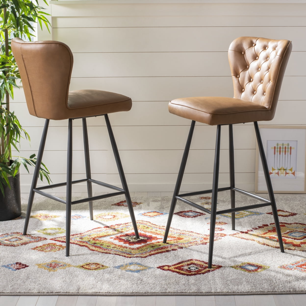 Safavieh Aster Mid Century Modern Leather Tufted Bar Stool, Set of 2