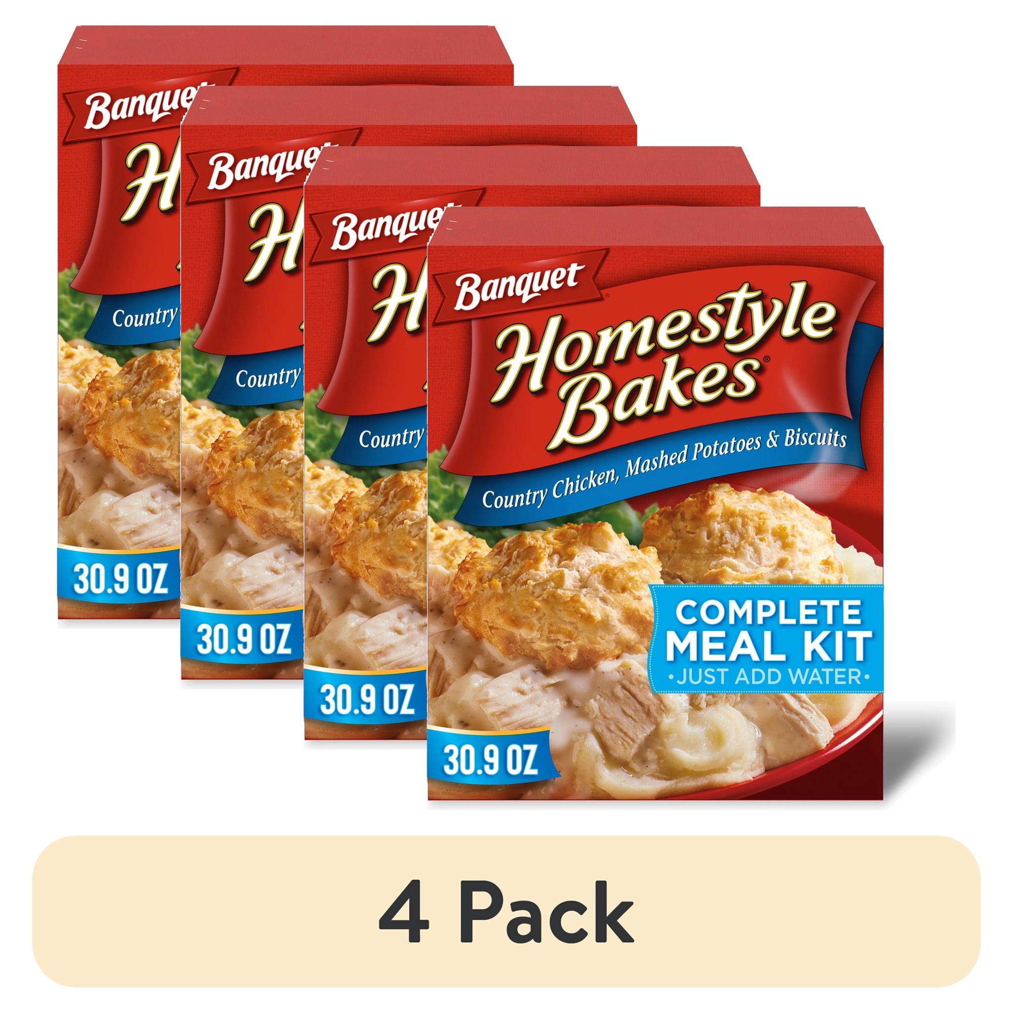 (4 pack) Banquet Homestyle Bakes Country Chicken, Mashed Potatoes and Biscuits, 6g Protein per Serving, Meal Kit, 30.9 oz.