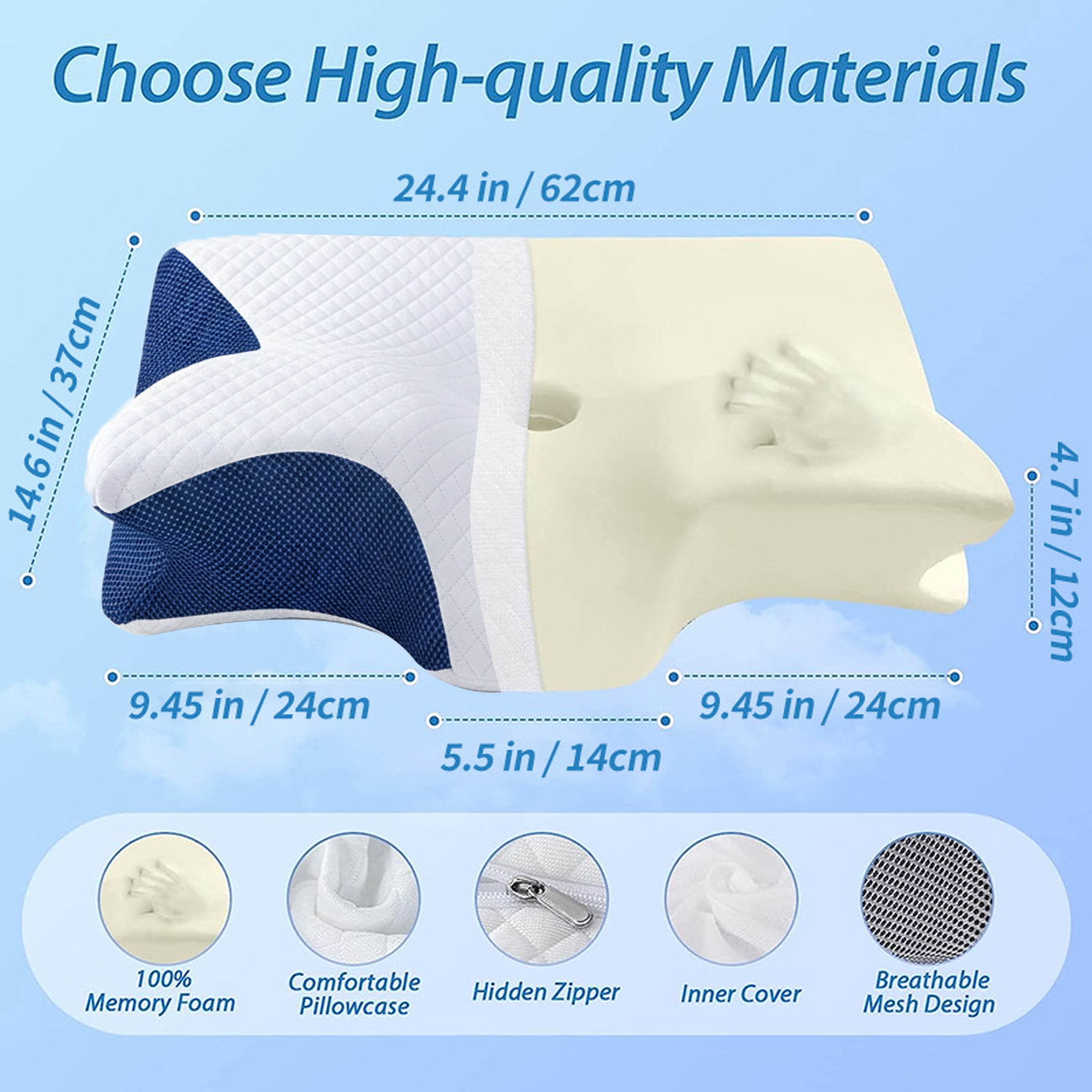 NJWY Butterfly Memory Foam Neck Pillow, Ergonomic Cervical Pillow for Neck Pain Relief, Side Back Stomach Sleeper Support Pillow for Adults (Blue)