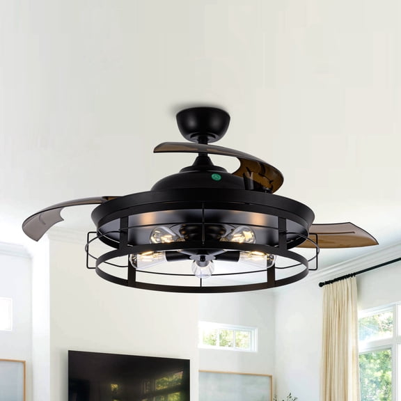 Parrot Uncle 52-inch Retractable Ceiling Fan with Lights and Remote, Matte Black Industrial Cage Fandelier