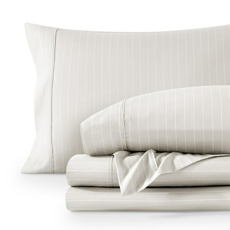 Bare Home Ultra-Soft Sheet Set - Premium 1800 Collection - Deep Pockets - 3-Pieces - Twin Pinstripe - Stone/White
