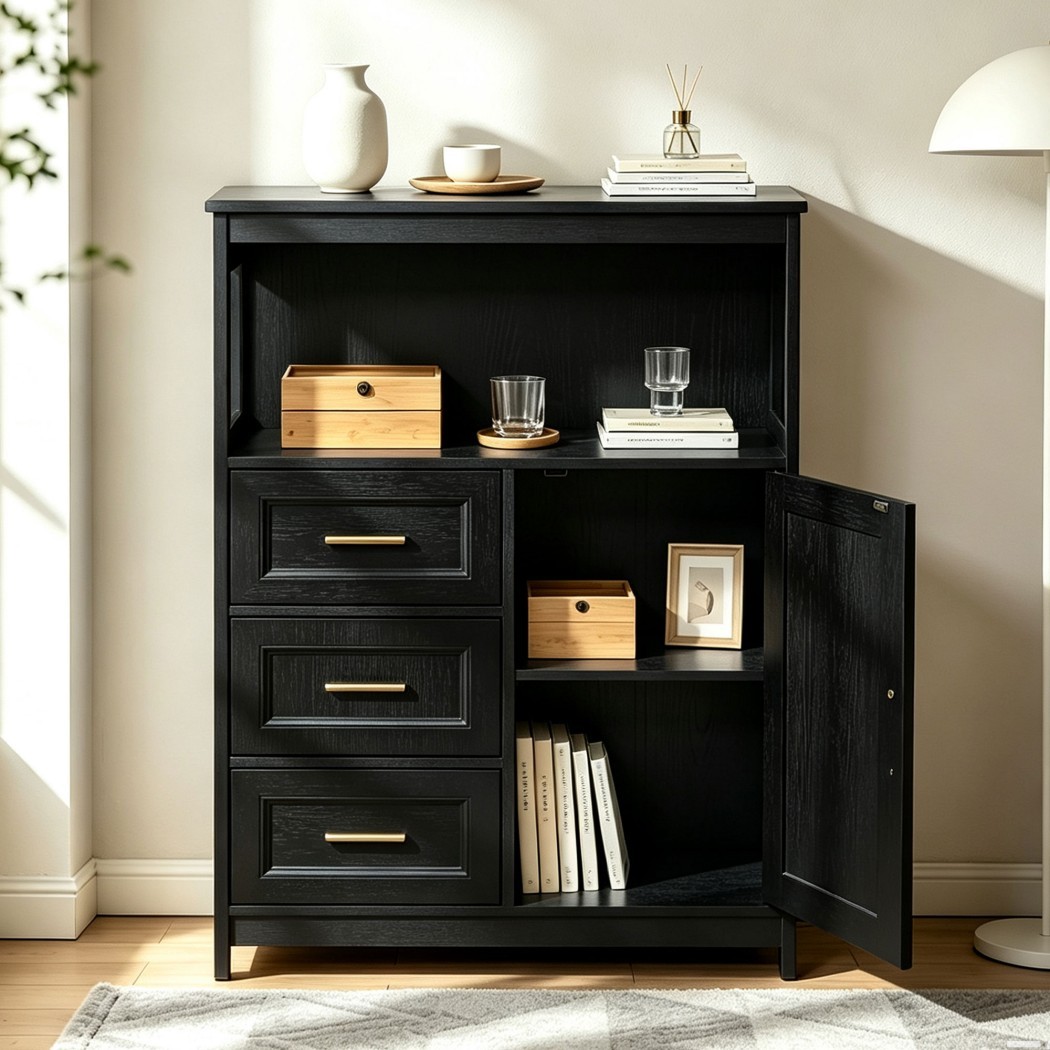 Modern Buffet Cabinet, Kitchen Storage Cabinet with 3 Drawers & 1 Door, Sideboard Cabinet with Wide Countertop for Dining Room, Living Room, Entryway & Bathroom, Black