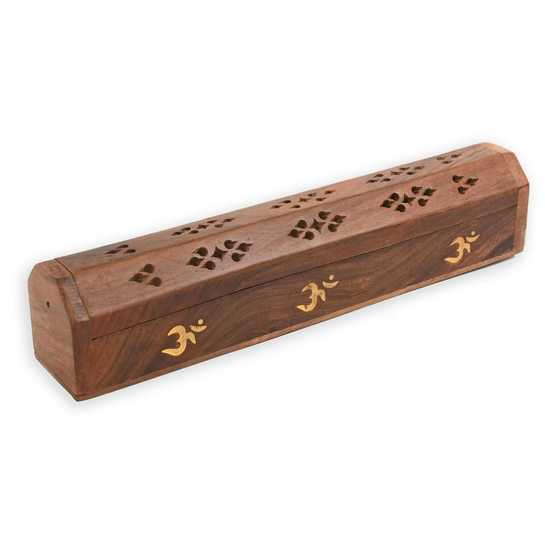 Wood Incense Storage Box and Burner With Brass OM Symbol Inlays