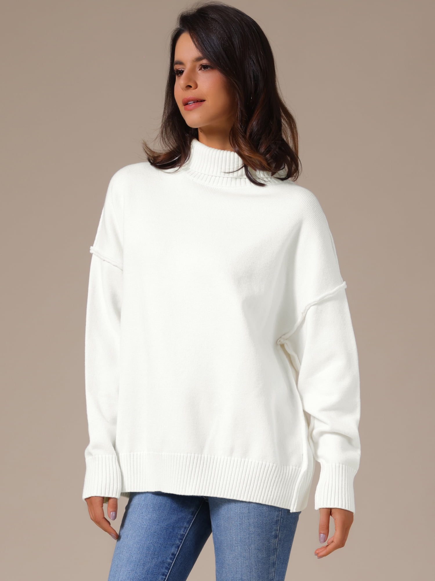 DARING DIVA Women's Oversized Mock Neck Long Sleeve Pullover Sweater 2XL White